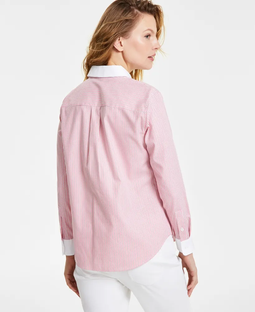 Jones New York Women's Striped Contrast-Trim Button-Front Cotton Top