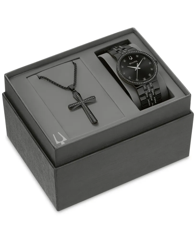 Bulova Men's Classic Crystal Black-Tone Stainless Steel Bracelet Watch 40mm Gift Set