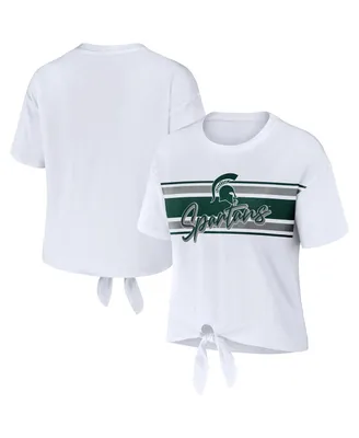 Women's Wear by Erin Andrews White Michigan State Spartans Striped Front Knot Cropped T-shirt