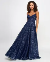 Say Yes Juniors' Sequin Lace-Back Ball Gown, Created for Macy's