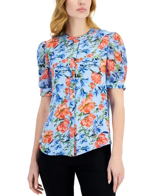 T Tahari Women's Floral-Print Puff-Sleeve Mandarin-Collar Top