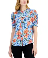 T Tahari Women's Floral-Print Puff-Sleeve Mandarin-Collar Top