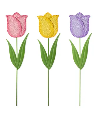 Glitzhome 24" H Easter Metal Tulips Yard Stake, Set of 3