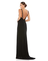 Mac Duggal Women's Ieena Plunge Neck High Slit Gown