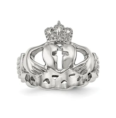 Chisel Stainless Steel Polished Claddagh with Cross Ring