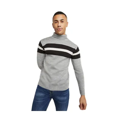 Campus Sutra Men's Light Grey Relaxed Horizontal Striped Pullover Sweater