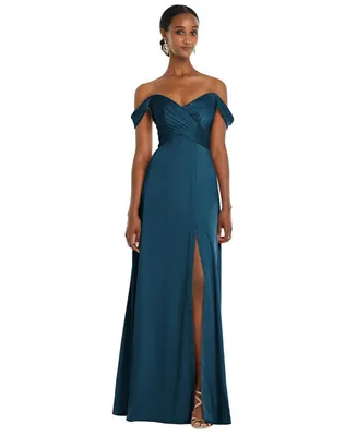 Womens Off-the-Shoulder Flounce Sleeve Empire Waist Gown with Front Slit