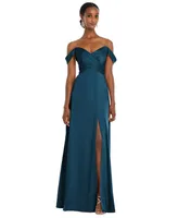 Womens Off-the-Shoulder Flounce Sleeve Empire Waist Gown with Front Slit