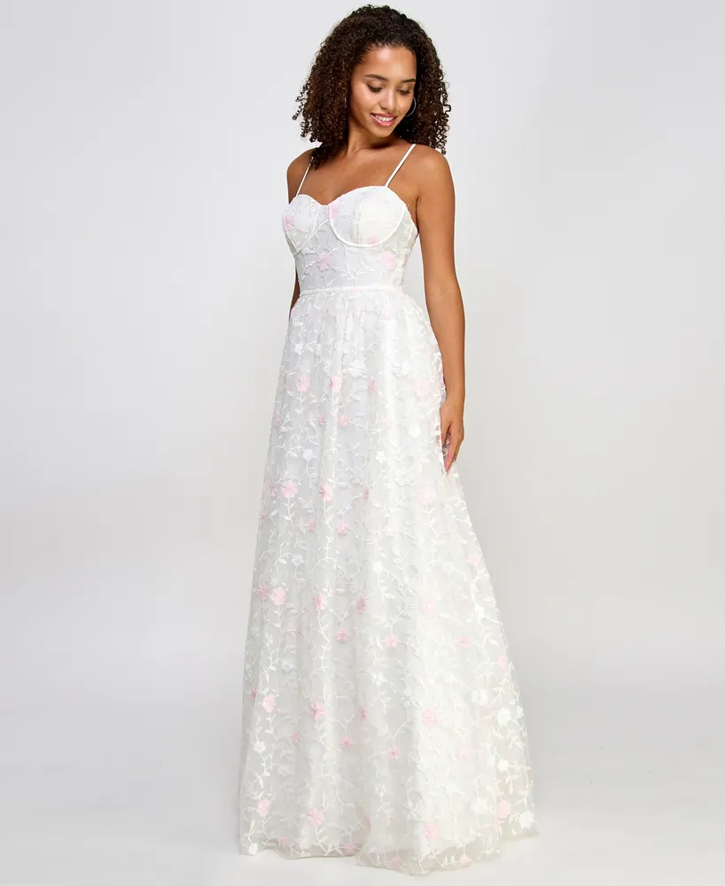 City Studios Juniors' Floral Embroidered Tulle Bustier Gown, Created for Macy's