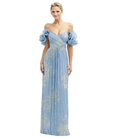 After Six Women's Dramatic Ruffle Edge Convertible Strap Metallic Pleated Maxi Dress with Floral Gold Foil Print