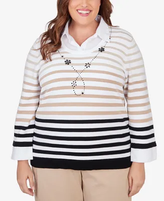 Alfred Dunner Plus Neutral Territory Collar Trimmed Embellished Stripe Two One Sweater