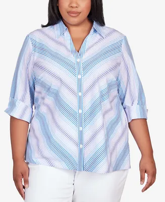 Alfred Dunner Plus Size Classic Neutrals Chevron Stripe Button Down Top