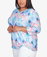 Alfred Dunner Plus Size Classic Denim Stained Glass Grommet Hem Top