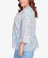 Alfred Dunner Plus Size Classic Pastels Paisley Flutter Sleeve Button Front Top