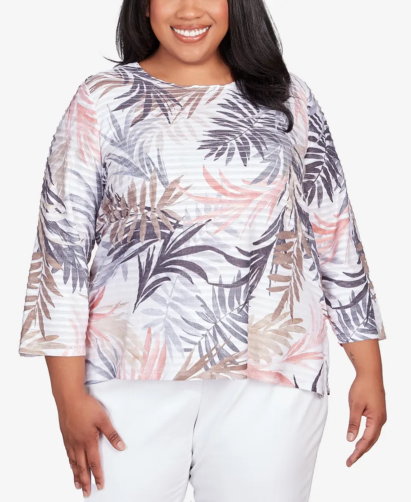 Alfred Dunner Plus Size Classic Neutrals Textured Leaves Crew Neck Top