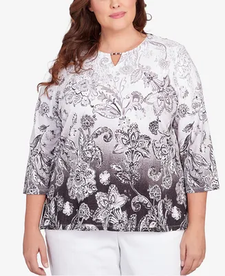 Alfred Dunner Plus Size Classic Neutrals Ombre Scroll Floral Split Neck Top