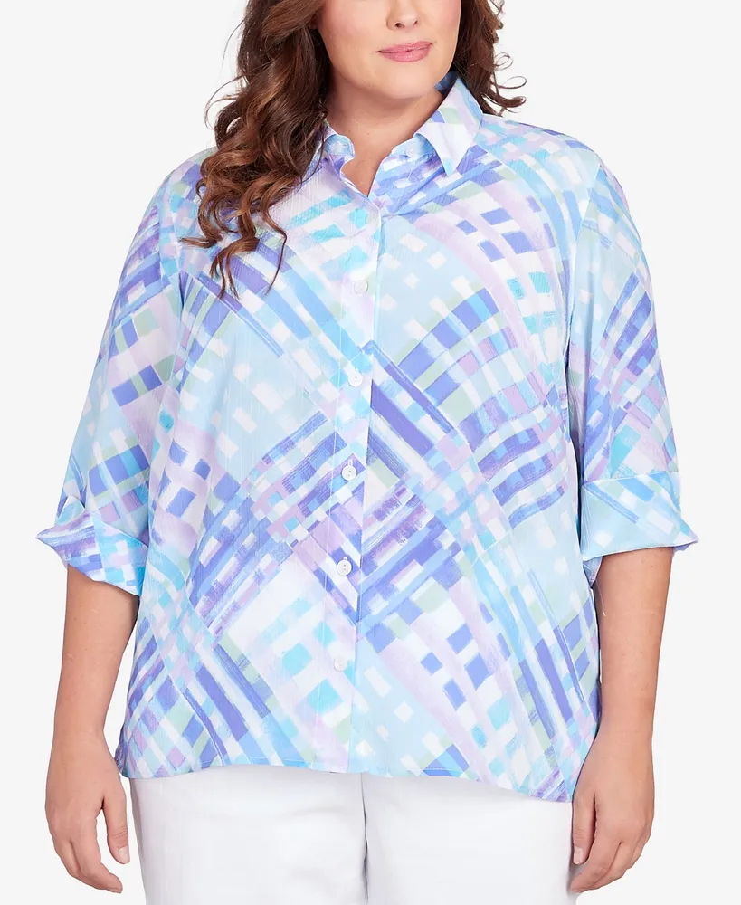 Alfred Dunner Plus Size Classic Brights Lattice Plaid Button Down Top