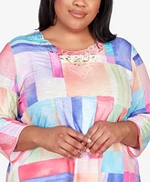 Alfred Dunner Plus Size Classic Brights Bright Patchwork Lace Neck Top