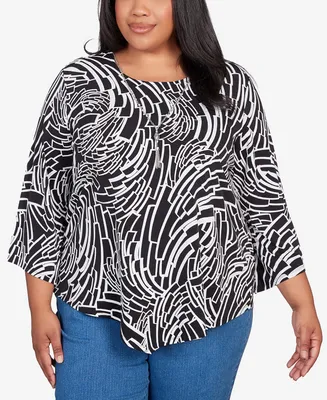 Alfred Dunner Plus Size Classic Puff Print Geo Waves Top with Necklace