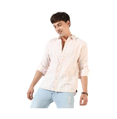 Campus Sutra Men's White And Peach Checkered Regular Fit Casual Shirt