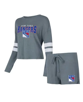Women's Concepts Sport Gray Distressed New York Rangers Meadow Long Sleeve T-shirt and Shorts Sleep Set