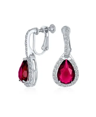 Bling Jewelry 7CT Style Halo Red Cubic Zirconia Cz Fashion Dangle Drop Teardrop Screw Back Clip On Earrings smaid Rhodium Plated