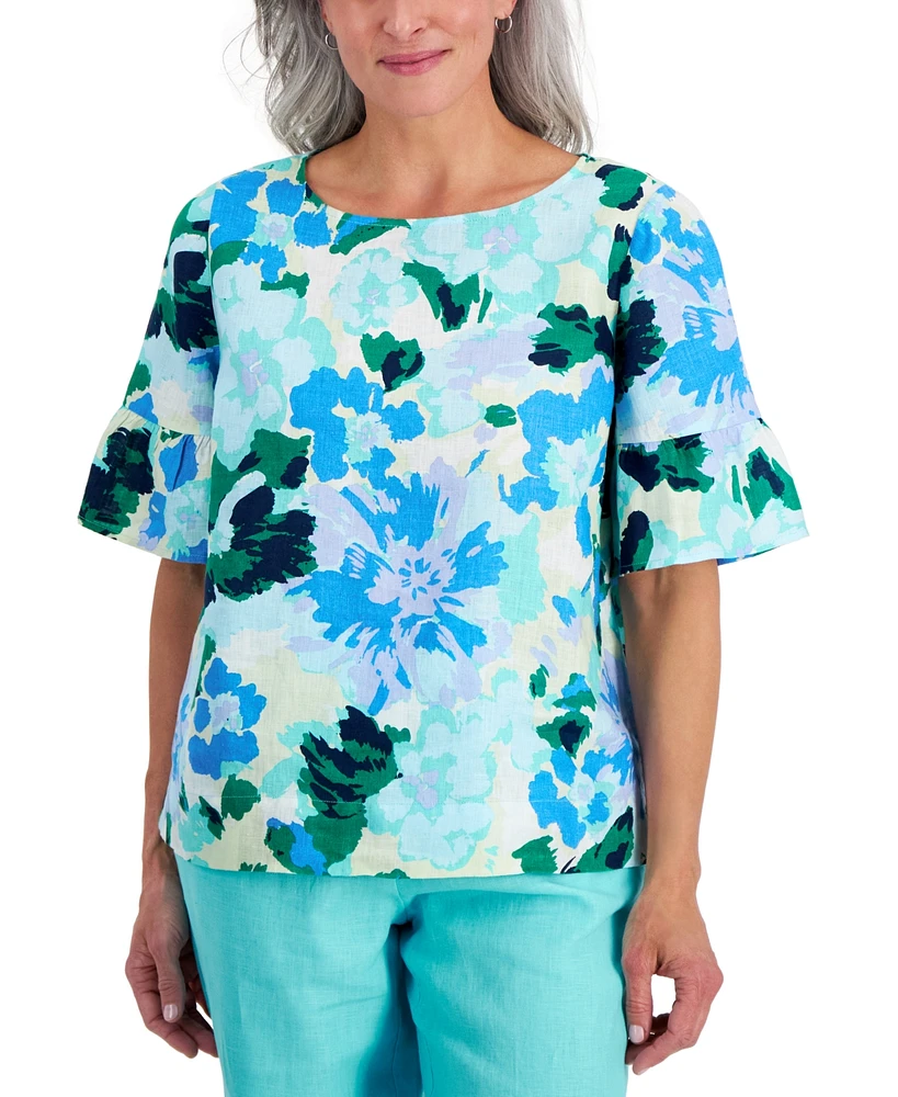 Charter Club Petite 100% Linen Print Ruffle-Sleeve Top, Created for Macy's