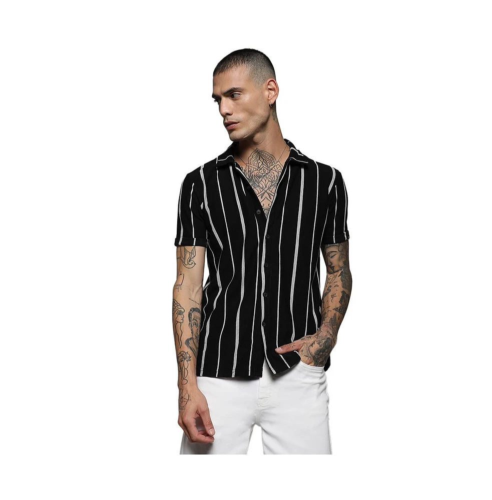 Campus Sutra Men's Black & White Pencil Striped Shirt