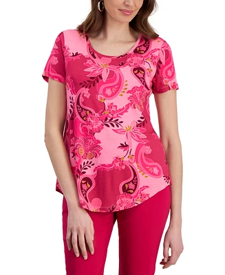Jm Collection Women's Printed Short-Sleeve Scoop-Neck Top, Created for Macy's
