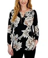 Jm Collection Women's 3/4 Sleeve Printed Chain Lace-Up Tunic, Created for Macy's