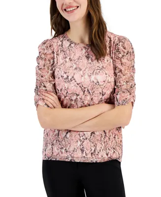 Anne Klein Women's Abstract-Print Puffed-Sleeve Top