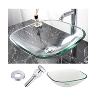 Square Tempered Glass Vessel Sink Basin with Chrome Mounting Ring and 1 5/8" Drain Set