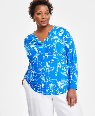 I.n.c. International Concepts Plus Printed Zip-Detail Top, Created for Macy's