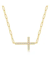 Sterling Silver Cz Sideways Cross Paperclip Necklace