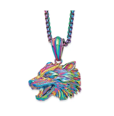 Chisel Polished Rainbow Ip-plated Wolf Head Pendant Box Chain Necklace