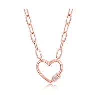 sterling silver Gold or Rose Plated over Cz Heart Carabineer Paperclip Necklace