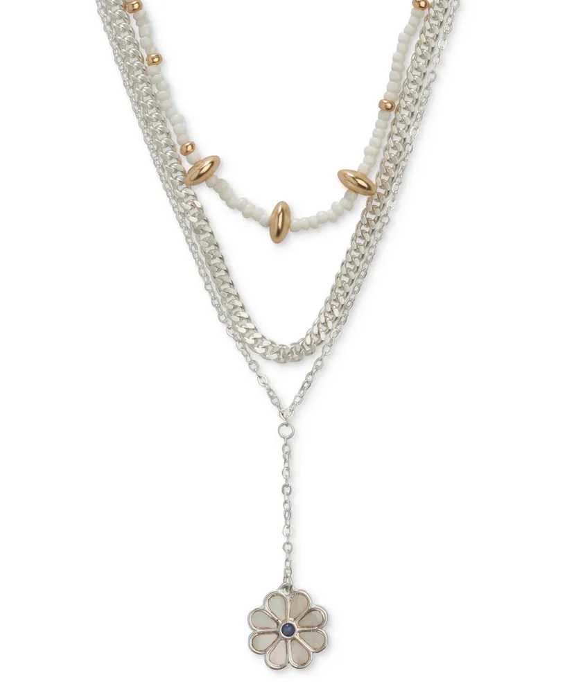 Lucky Brand Two-Tone Color Stone & Mother-of-Pearl Daisy Beaded Layered Lariat Necklace, 15-1/4" + 2" extender