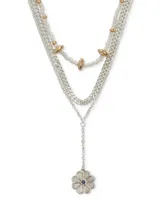 Lucky Brand Two-Tone Color Stone & Mother-of-Pearl Daisy Beaded Layered Lariat Necklace, 15-1/4" + 2" extender