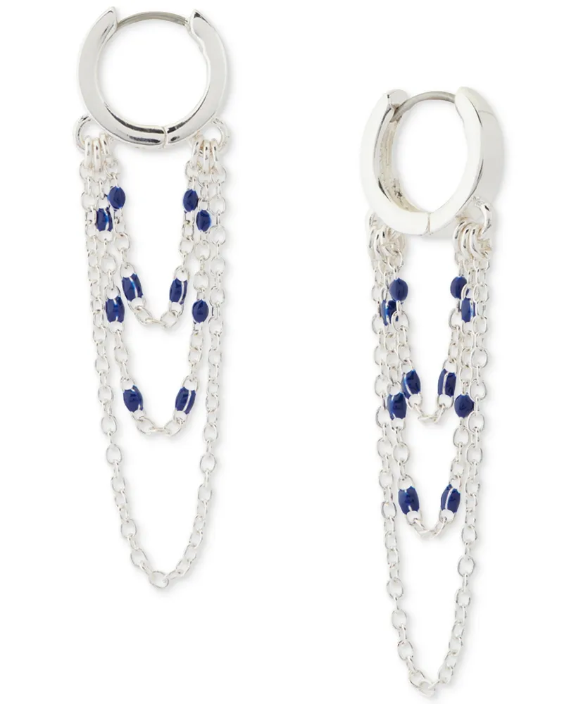 Lucky Brand Silver-Tone Blue Beaded Chain Hoop Earrings