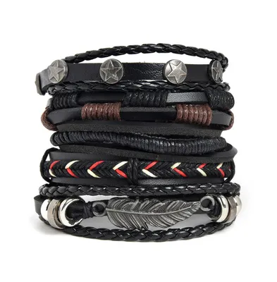 Sohi Women's Black Boho Leather Stack Bracelet