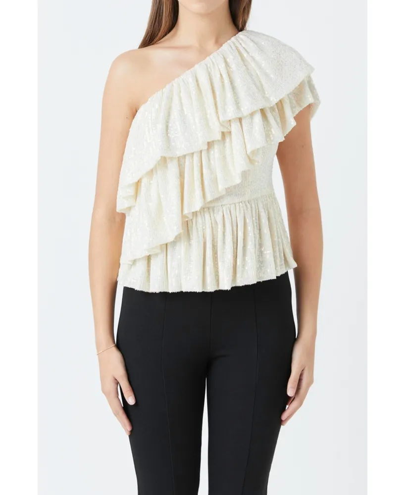 Women's Sequins One Shoulder Ruffle Top