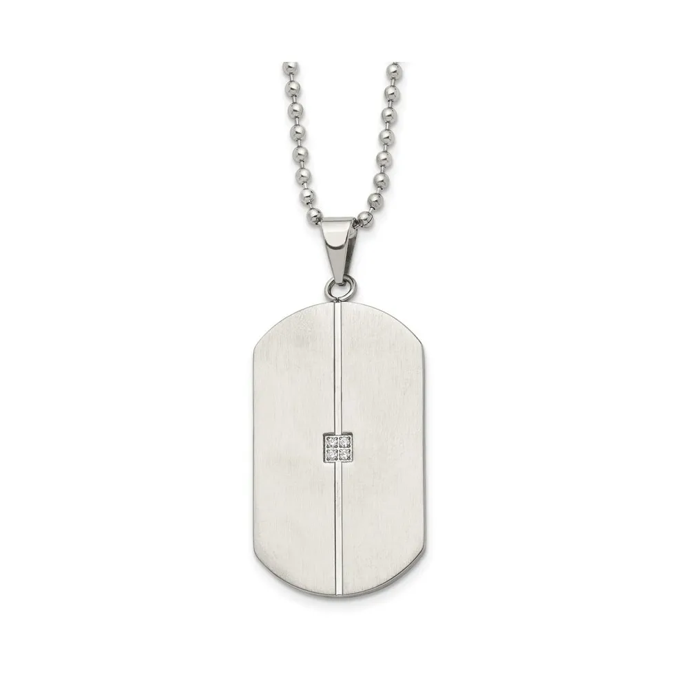 Chisel Brushed and Polished with Cz Dog Tag on a Ball Chain Necklace