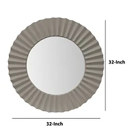 32 Inch Round Beveled Floating Wall Mirror With Corrugated Design Wooden Frame