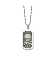 Chisel Brushed Laser Cut Skull and Crossbones Dog Tag Ball Chain Necklace