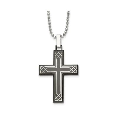 Chisel Laser Etched Black Ip-plated Cross Pendant Ball Chain Necklace