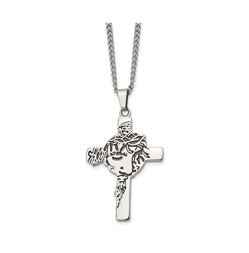 Chisel Antiqued Jesus Face Cross Pendant Curb Chain Necklace