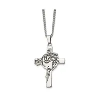 Chisel Antiqued Jesus Face Cross Pendant Curb Chain Necklace