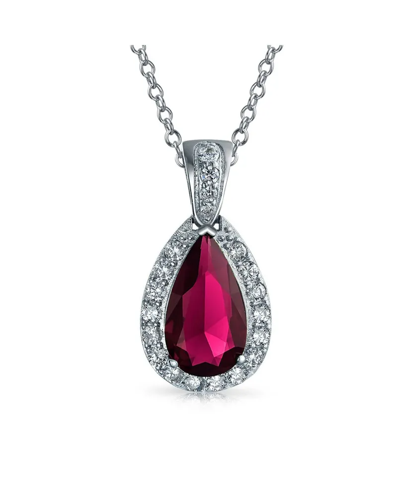 Bling Jewelry Classic Jewelry Pear Shape Solitaire Teardrop Halo 15CT Cz Red Cubic Zirconia Pendant Necklace Prom smaid Rhodium Plated