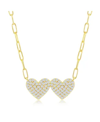 Gold Plated Over Sterling Silver Double Heart Cz Paperclip Necklace
