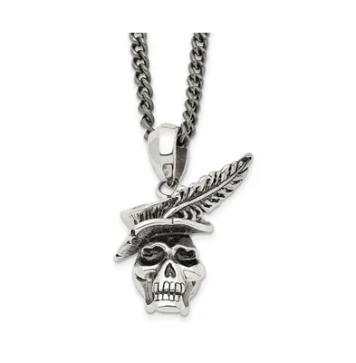 Chisel Antiqued Skull with Feather Hat Pendant Curb Chain Necklace